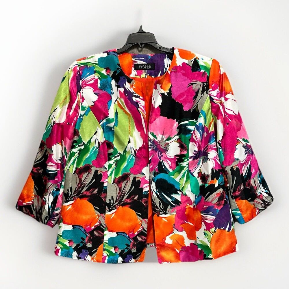 Kasper Floral Blazer Womens 16 Open Front Tropical Lined Classic Colorful Summer